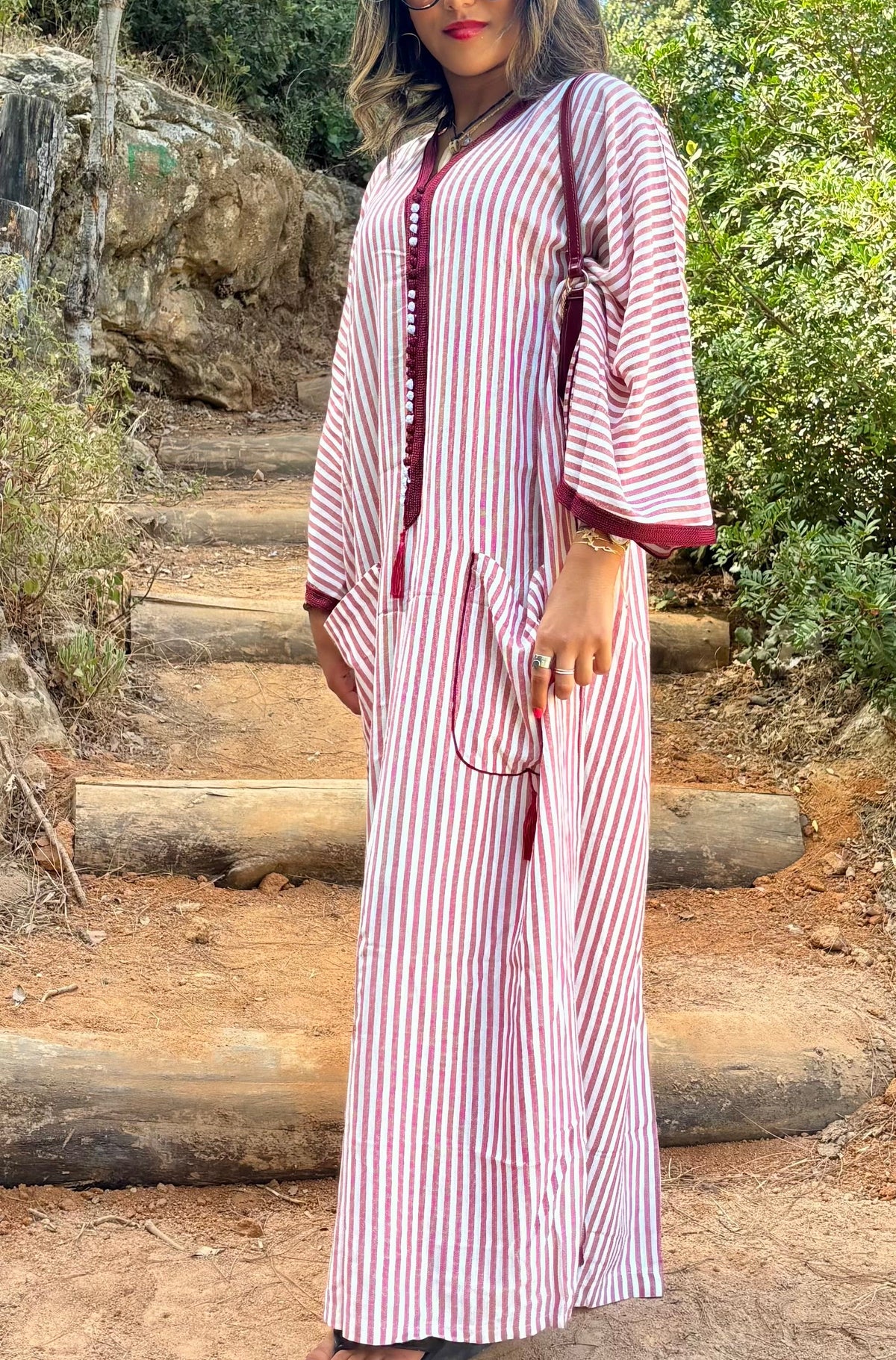 Gandoura lin rayée bordeaux