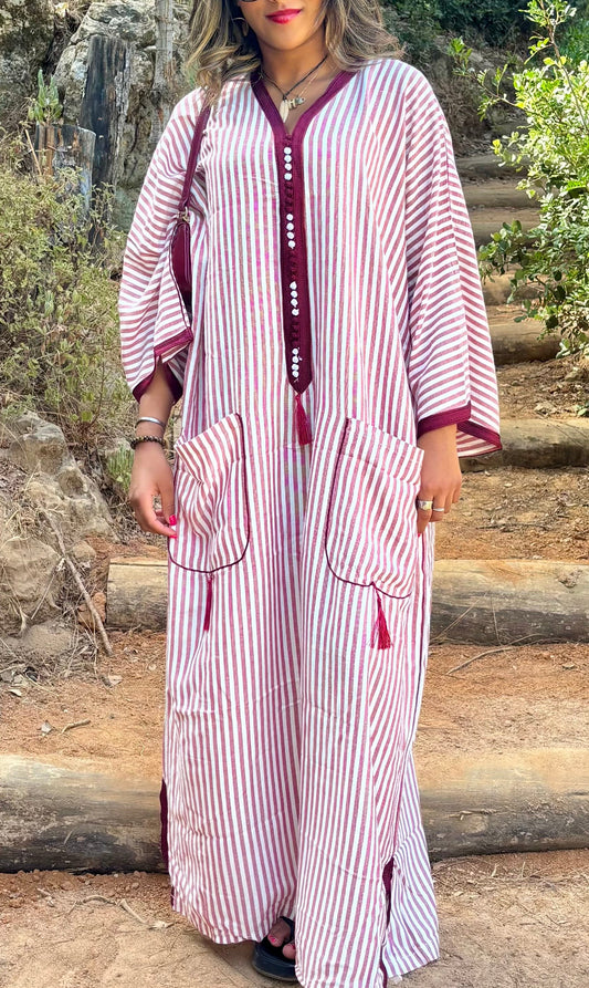 Gandoura lin rayée bordeaux